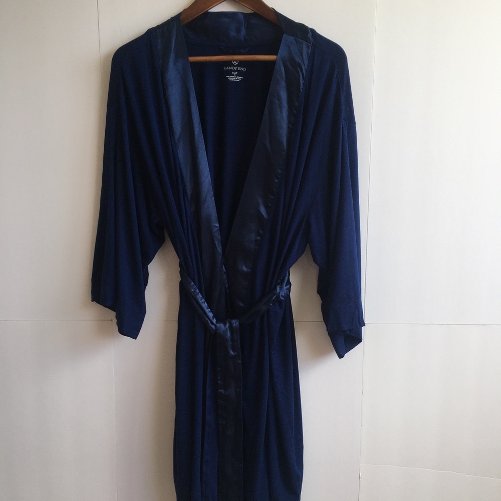 Lands' End Satin-Trim Midnight Blue Navy Robe NWOT- XL